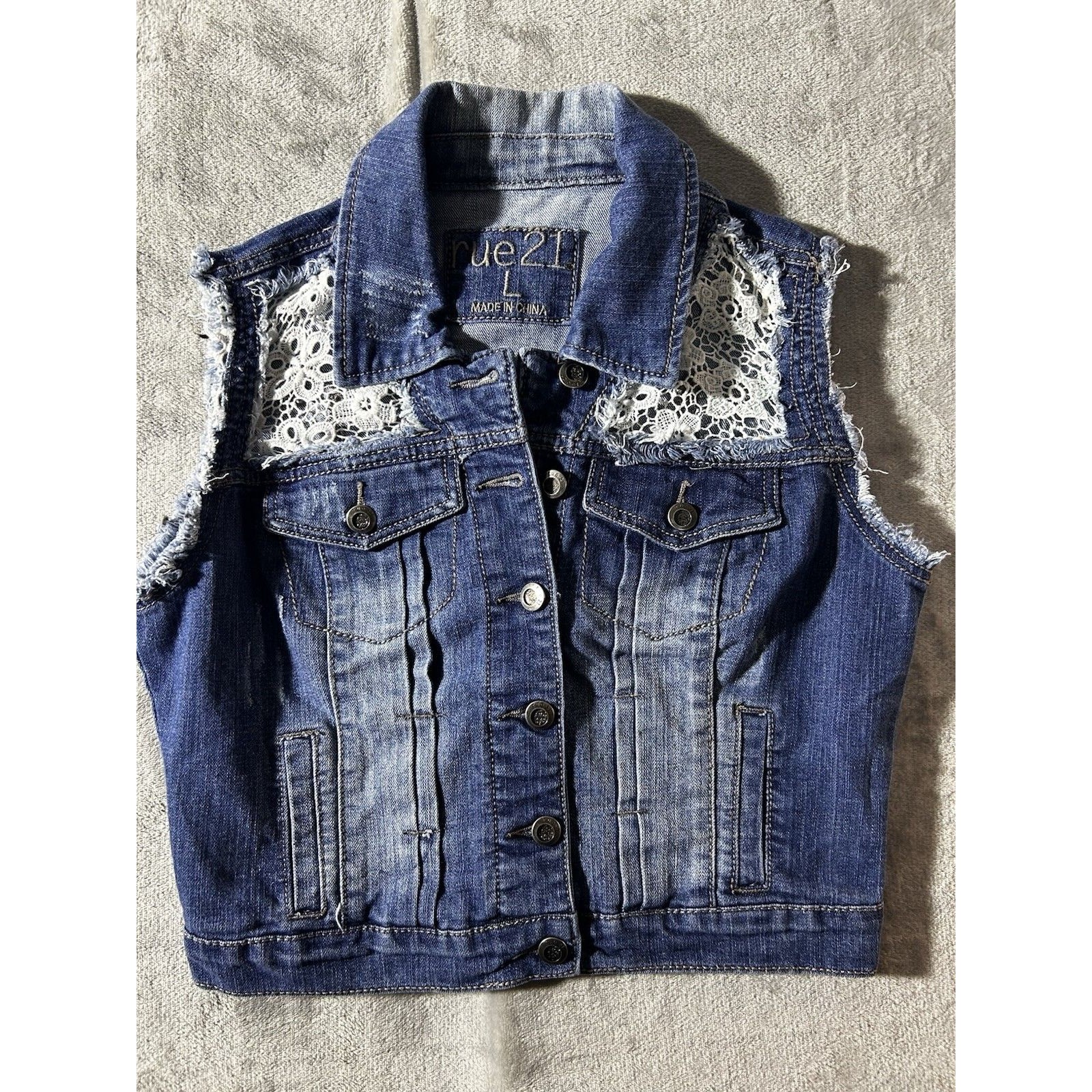 Rue 21 Women's Blue Denim Vest With Lace Accents Size Large Cottage Core.